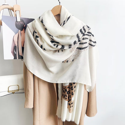 Cheetah Print Cotton And Linen Scarf In Beige, Perfect For Spring & Summer