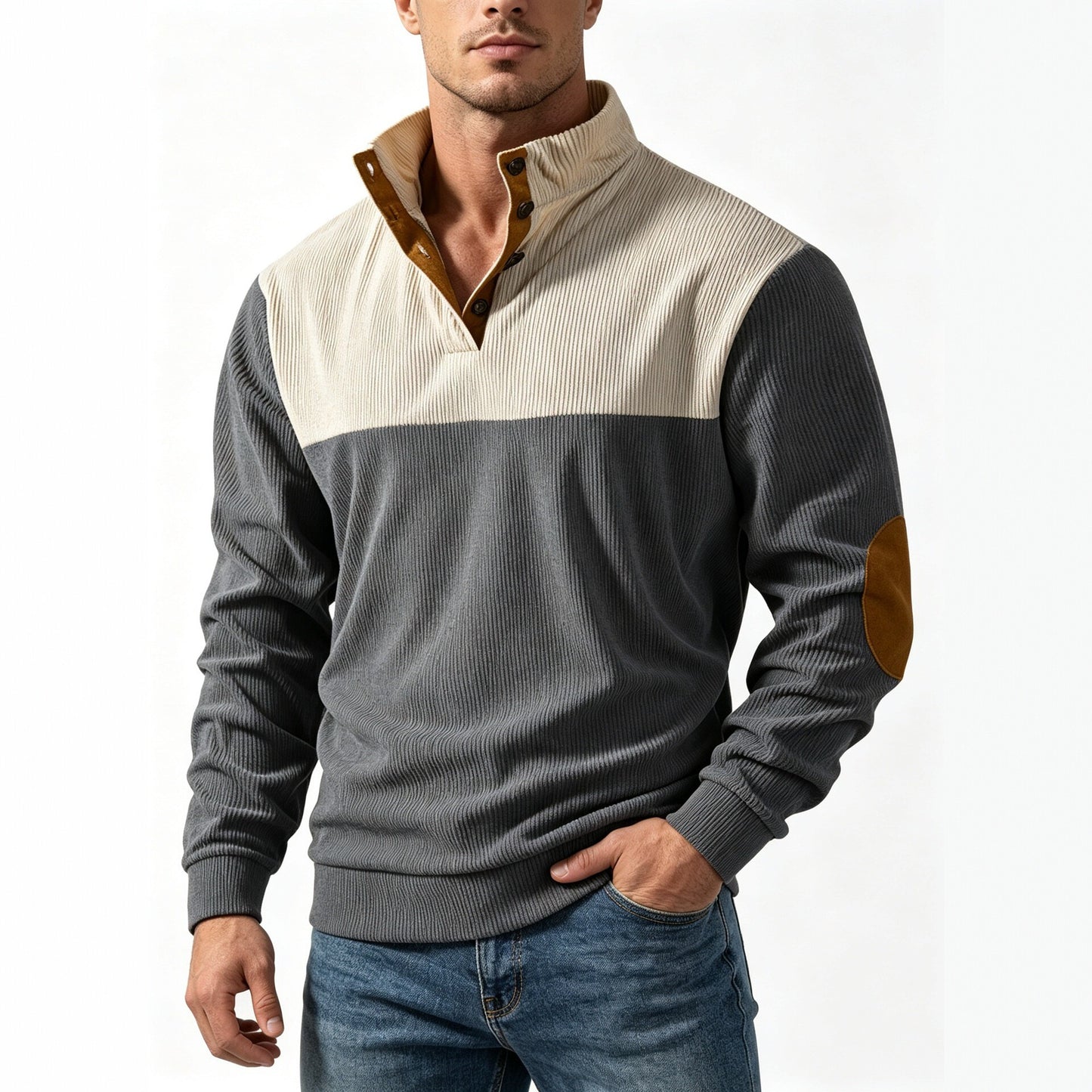 Men's Casual Light Grey Color Block Hoodie With Rib-Knit Craftsmanship And Long Sleeves In Polyester
