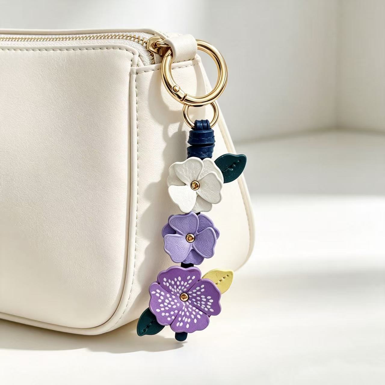 Natural Pink Flowers Key Chain With Sweet Style, Printed On Durable Pu Leather, Perfect Spring Accessory