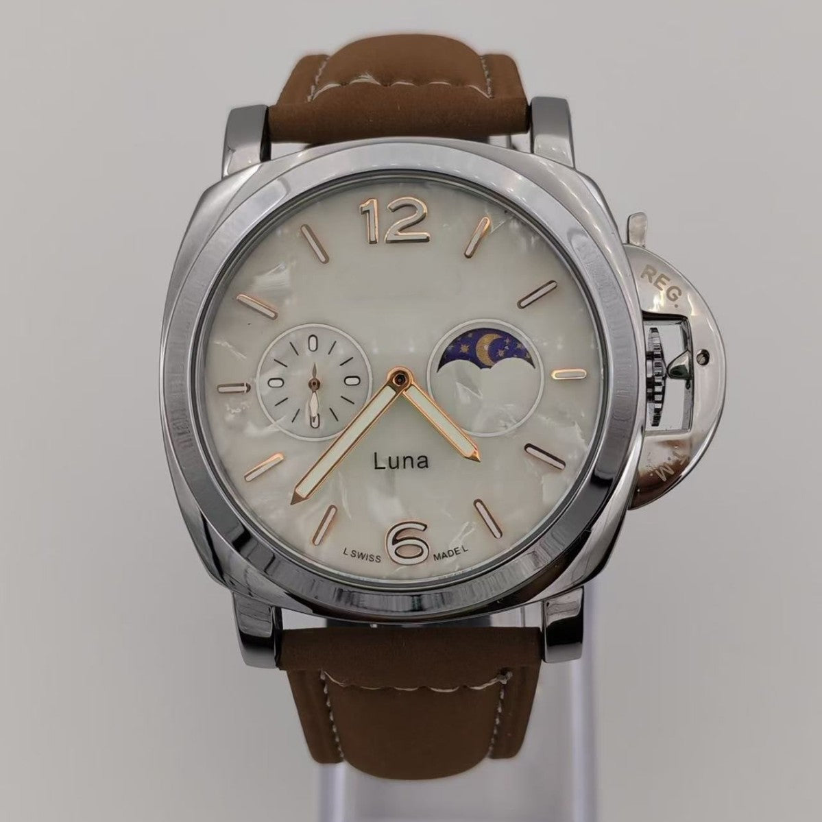 Men's Mechanical Round Dial Watch With Genuine Leather Strap, Pin Buckle, Tempered Glass Mirror, And Pointer Display