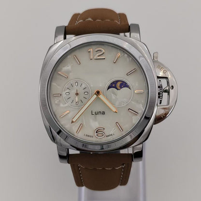 Men's Mechanical Round Dial Watch With Genuine Leather Strap, Pin Buckle, Tempered Glass Mirror, And Pointer Display