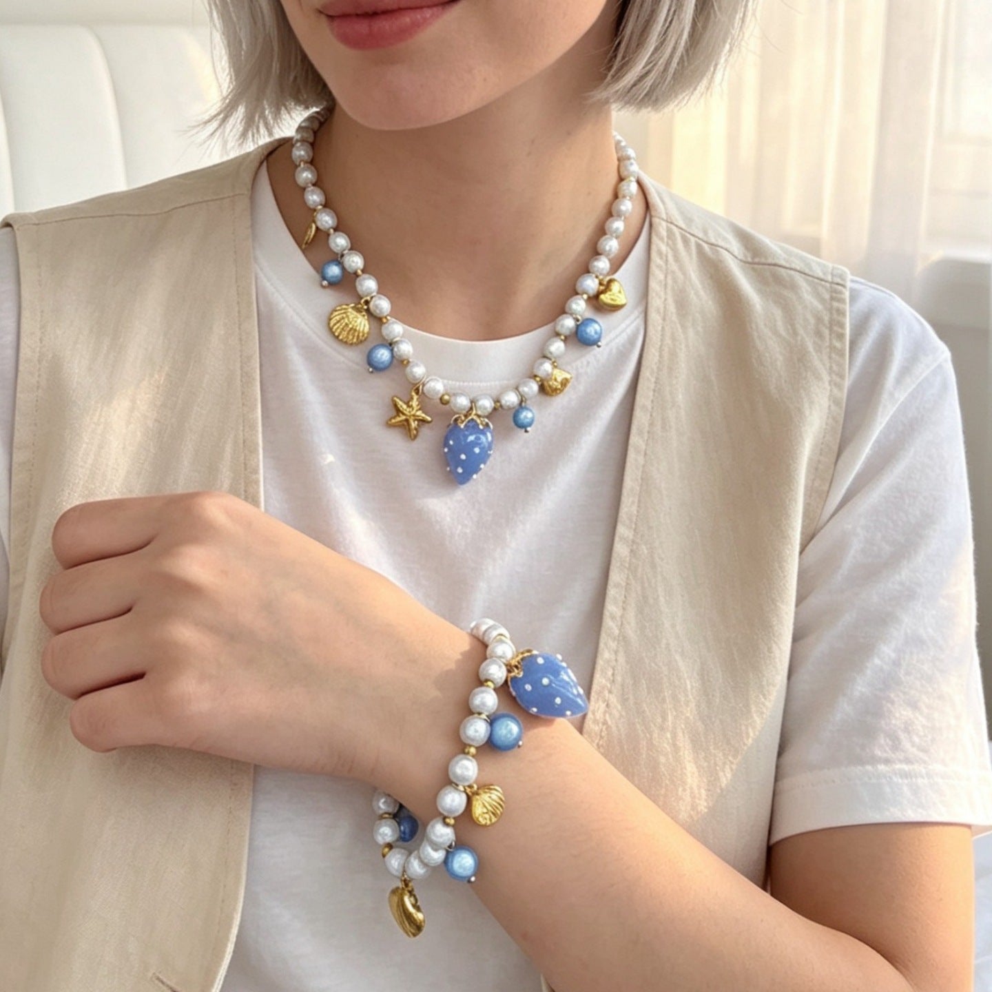 Marine Style Braid Shell Necklace For Women With Mixed Materials And Beaded Chain