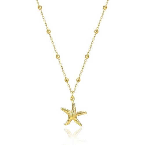 Starfish Necklace For Women In Marine Style With Real Gold Plated 304 Stainless Steel And Beaded Chain