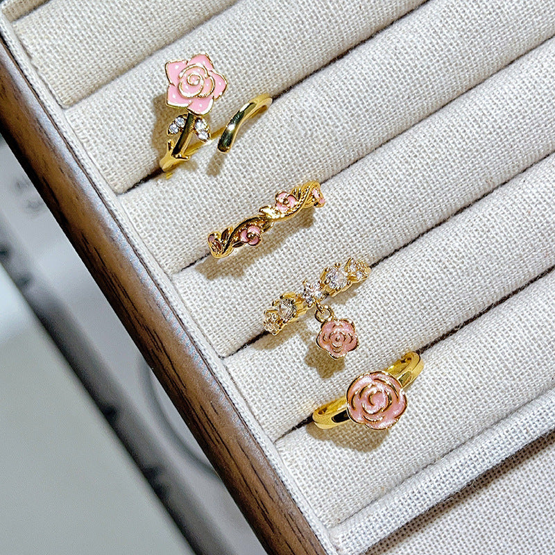 Sweet Flowers Open Rings For Women In Copper With Enamel Craft And Zircon Inlay