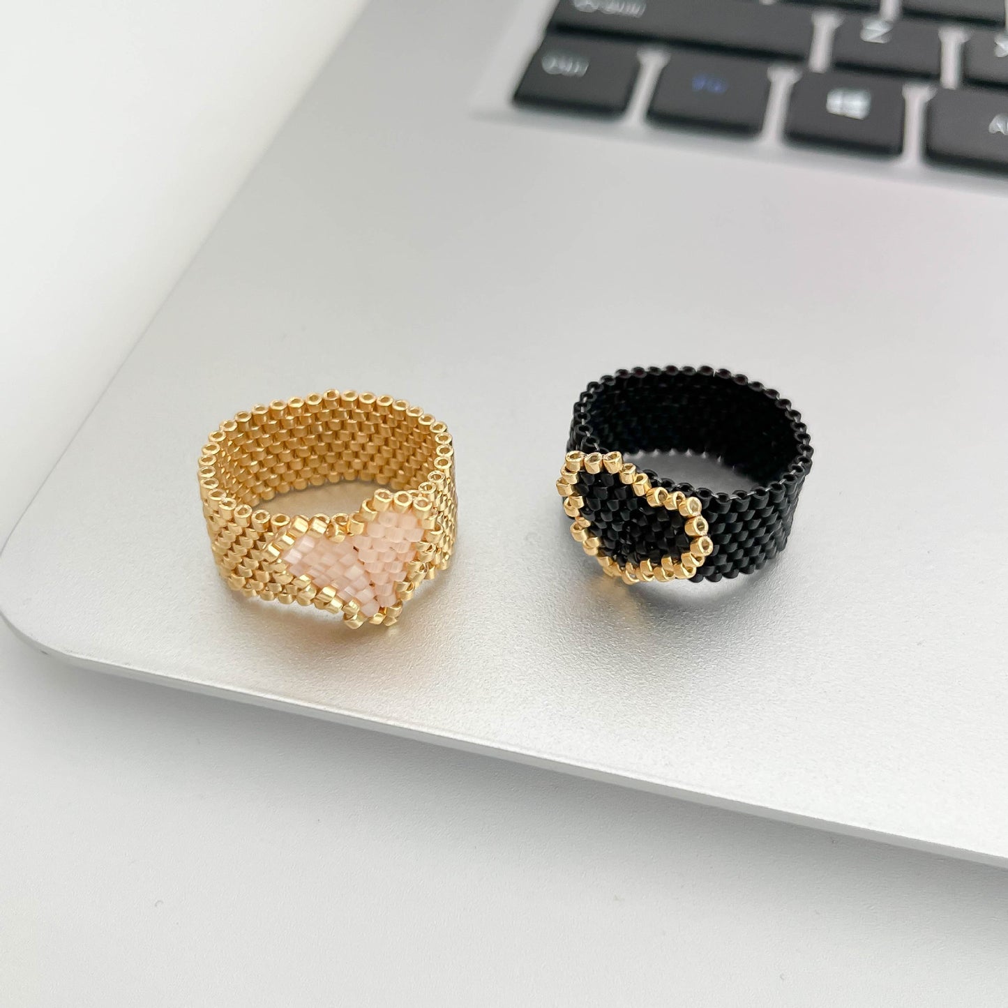 Sweet Heart Shape Ring For Women In Gold Seed Bead Material, Handmade With Delicate Craftsmanship