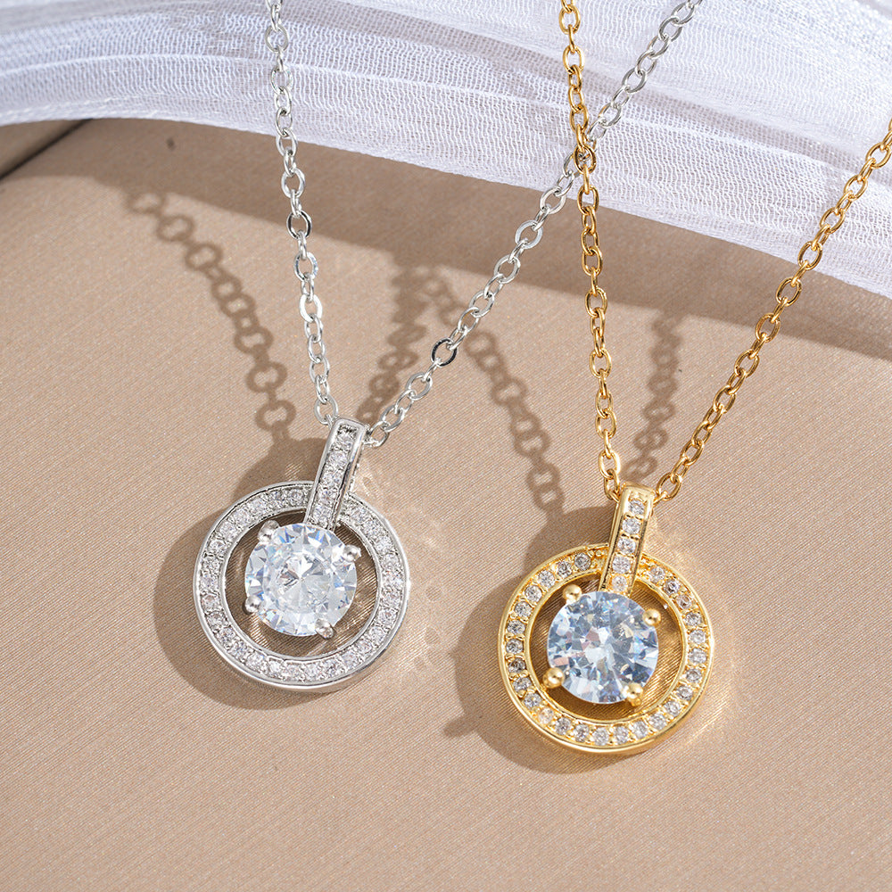 Round Pendant Necklace For Women In 18K Real Gold Plated Titanium Steel With Zircon Inlay And Cable Chain