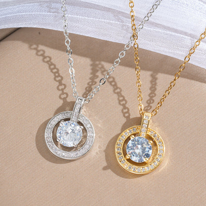 Round Pendant Necklace For Women In 18K Real Gold Plated Titanium Steel With Zircon Inlay And Cable Chain