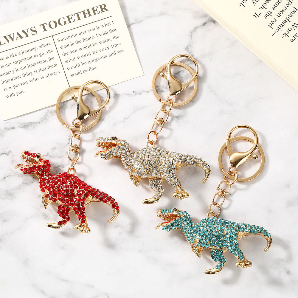 New Year Dinosaur Key Chain In White With Rhinestones, Zinc Alloy Bag Charm Accessory
