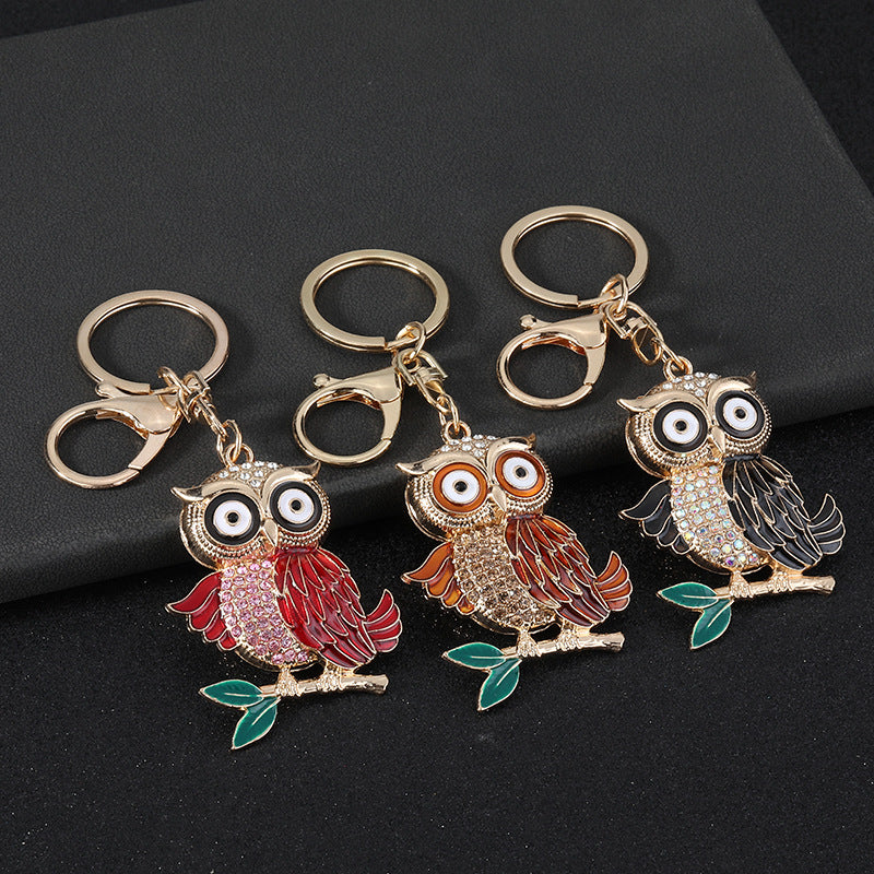 New Year Owl Key Chain In Coffer Color With Rhinestone Inlay, Made Of Durable Zinc Alloy