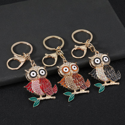 New Year Owl Key Chain In Coffer Color With Rhinestone Inlay, Made Of Durable Zinc Alloy