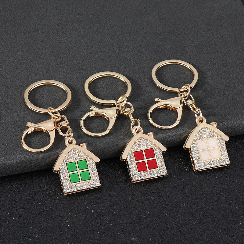 New Year Red House Key Chain With Rhinestones In Zinc Alloy Featuring Bag Charm Design