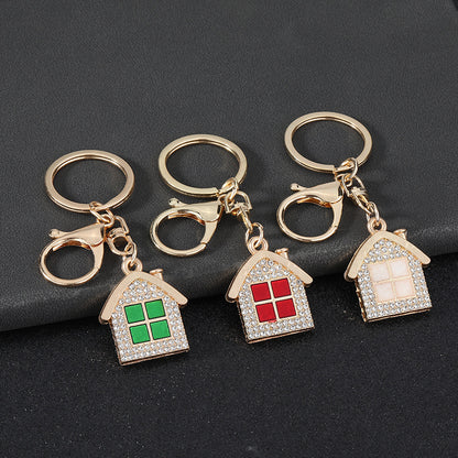 New Year Red House Key Chain With Rhinestones In Zinc Alloy Featuring Bag Charm Design