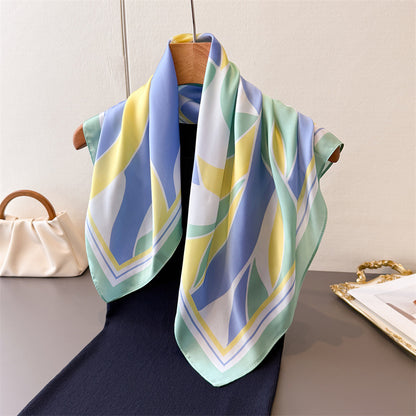 Retro Color Block Silk Scarf In Multicolor Polyester, Perfect For Summer