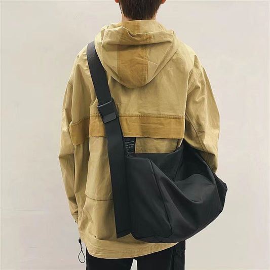 Men's Nylon Crossbody Bag With Sewing Thread Detail, Sling Strap, Water Resistant, Ideal For Spring