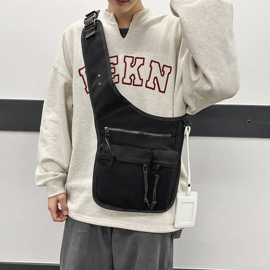 Men's Solid Color Canvas Crossbody Bag With Sewing Thread Detail, Featuring Single Shoulder Strap