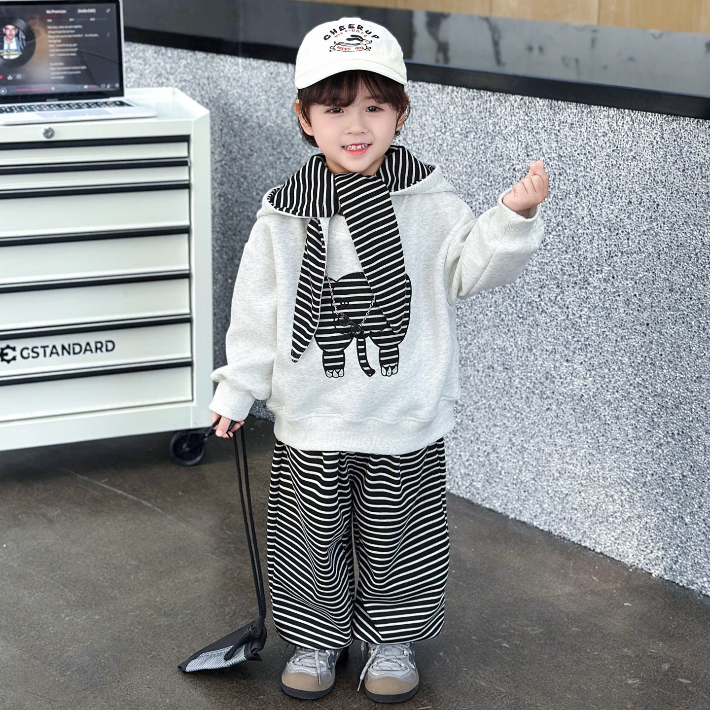 Stripe Cotton Sweatshirt & Hoodie Co-ord Set For Boys, 3 Pieces Set Featuring Hooded Design