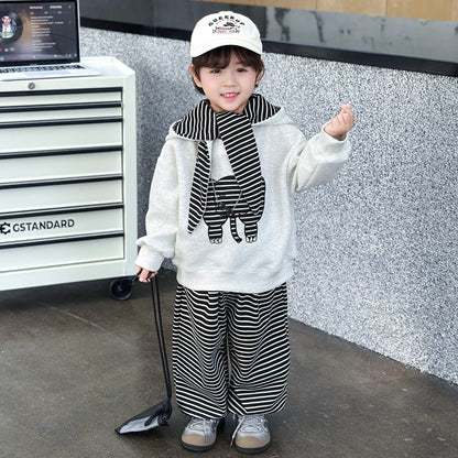 Stripe Cotton Sweatshirt & Hoodie Co-ord Set For Boys, 3 Pieces Set Featuring Hooded Design
