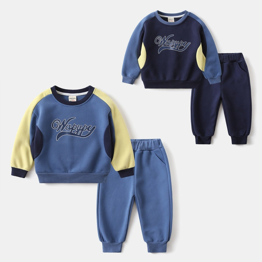 Boy's Sport Letter Pattern Sweatshirt & Hoodie Co-ord Set In Navy Blue Cotton 2 Pieces Set