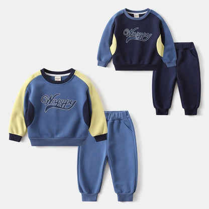 Boy's Sport Letter Pattern Sweatshirt & Hoodie Co-ord Set In Navy Blue Cotton 2 Pieces Set