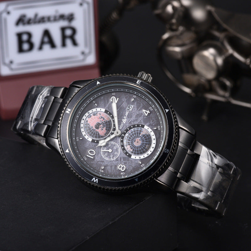 Men's Quartz Watch With Round Dial, Steel Belt Strap, Crystal Glass Mirror, And Butterfly Double Snap Buckle