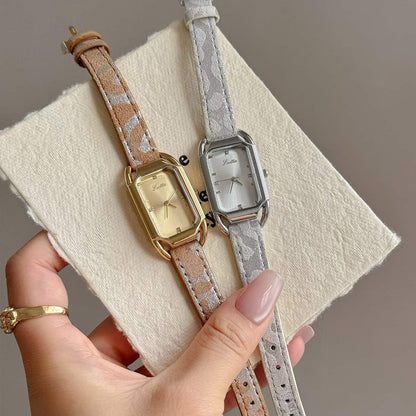 Women's Square Quartz Watch With Genuine Leather Strap And Pin Buckle, Featuring Tempered Glass Mirror