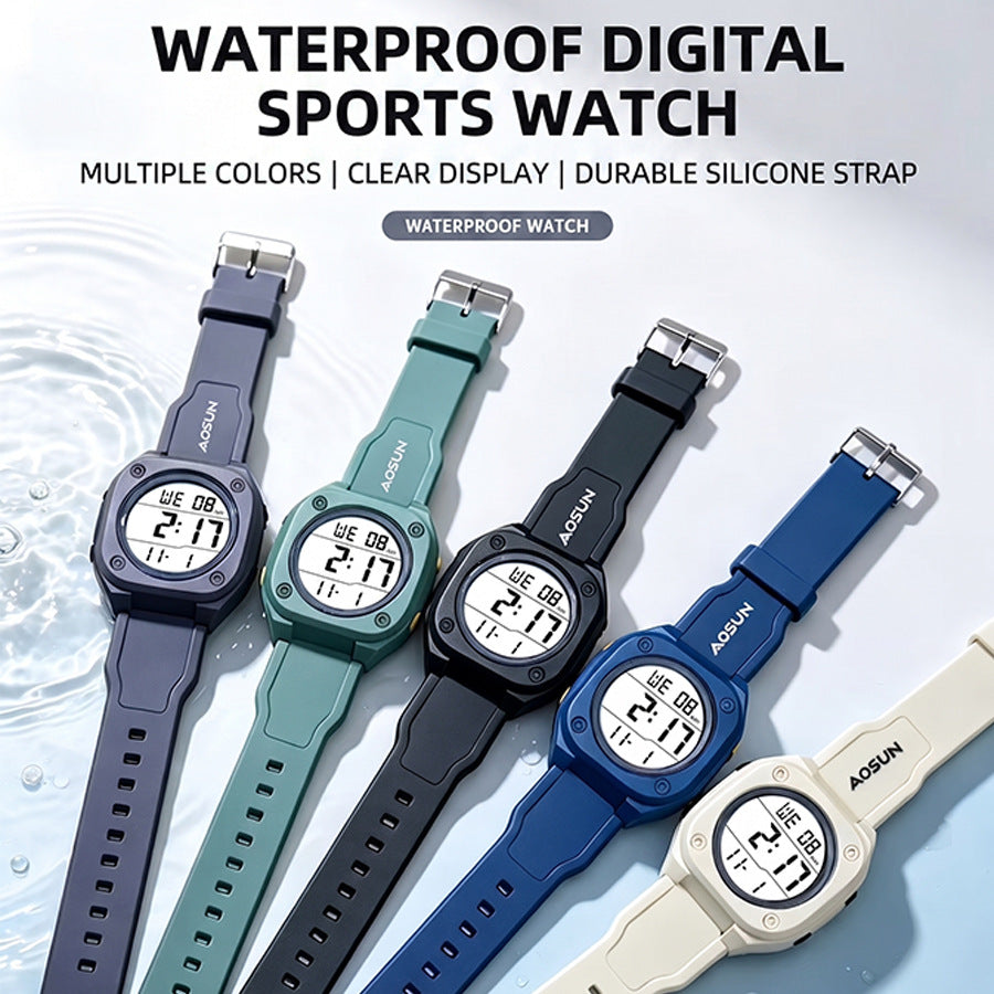 Men's Electronic Square Dial Watch With Plastic Mirror And Case, Number Display, Featuring Silica Gel Strap