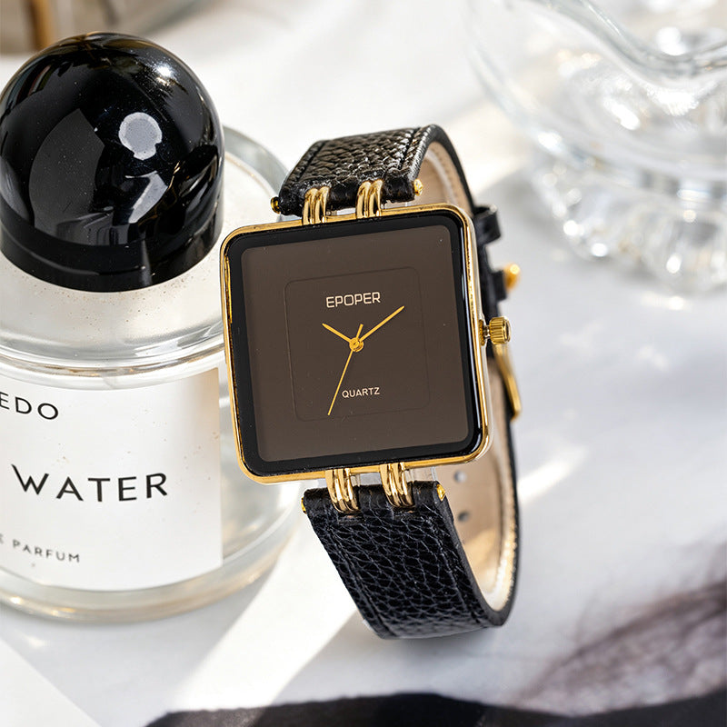 Men's Quartz Watch With Square Dial, Genuine Leather Strap, Tempered Glass Mirror, And Pointer Display Featuring Pin Buckle