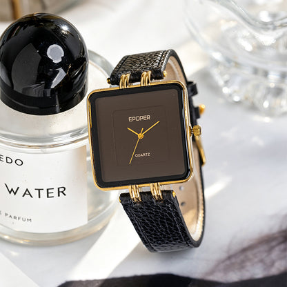 Men's Quartz Watch With Square Dial, Genuine Leather Strap, Tempered Glass Mirror, And Pointer Display Featuring Pin Buckle