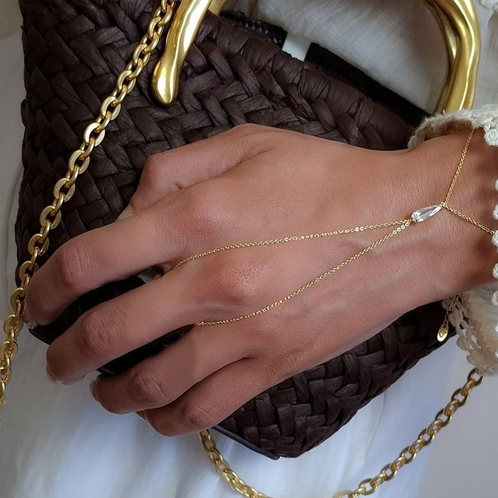 Water Droplets Hand Chain Bracelet In Copper With Electroplated Gold Plating, Ethnic Style For Women