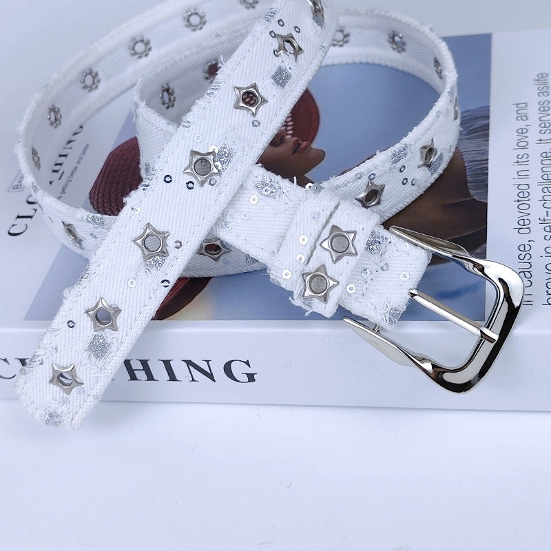 Women’s Denim Belt With Alloy Pin Buckle Featuring Sequins Detail