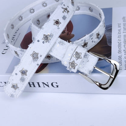 Women’s Denim Belt With Alloy Pin Buckle Featuring Sequins Detail