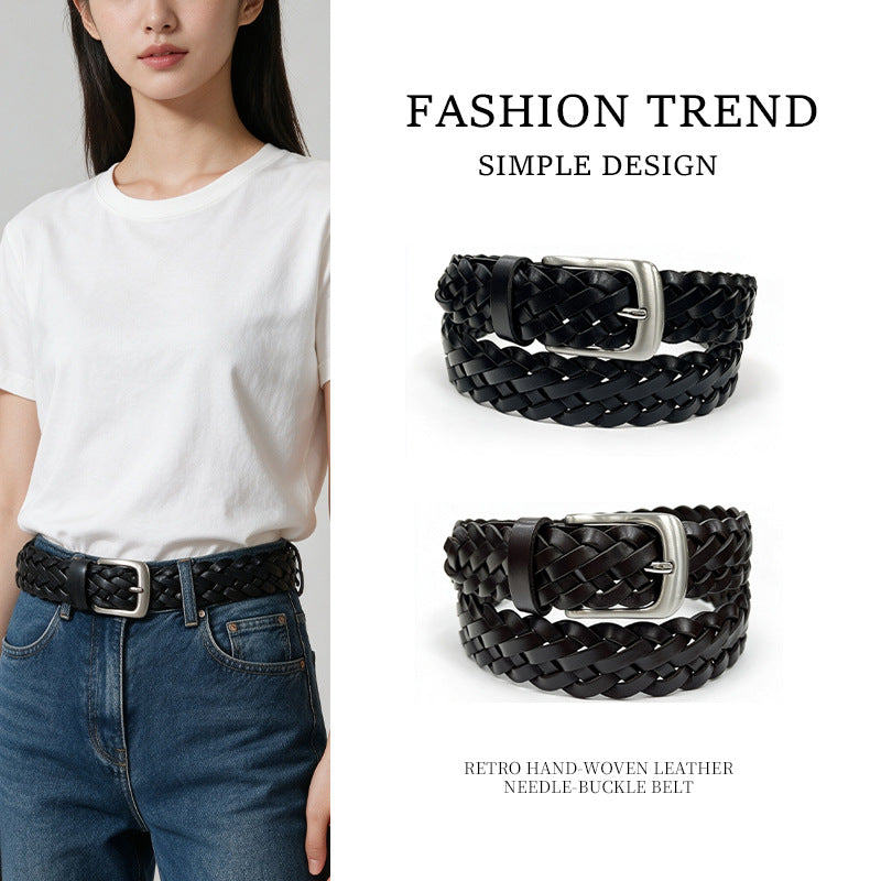 Retro Unisex Genuine Leather Braided Belt With Alloy Pin Buckle Featuring Solid Color Braid Finish