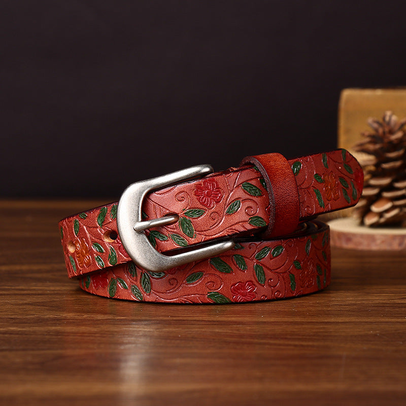 Retro Women’s Genuine Leather Belt With 3D Print Featuring Zinc Alloy Pin Buckle
