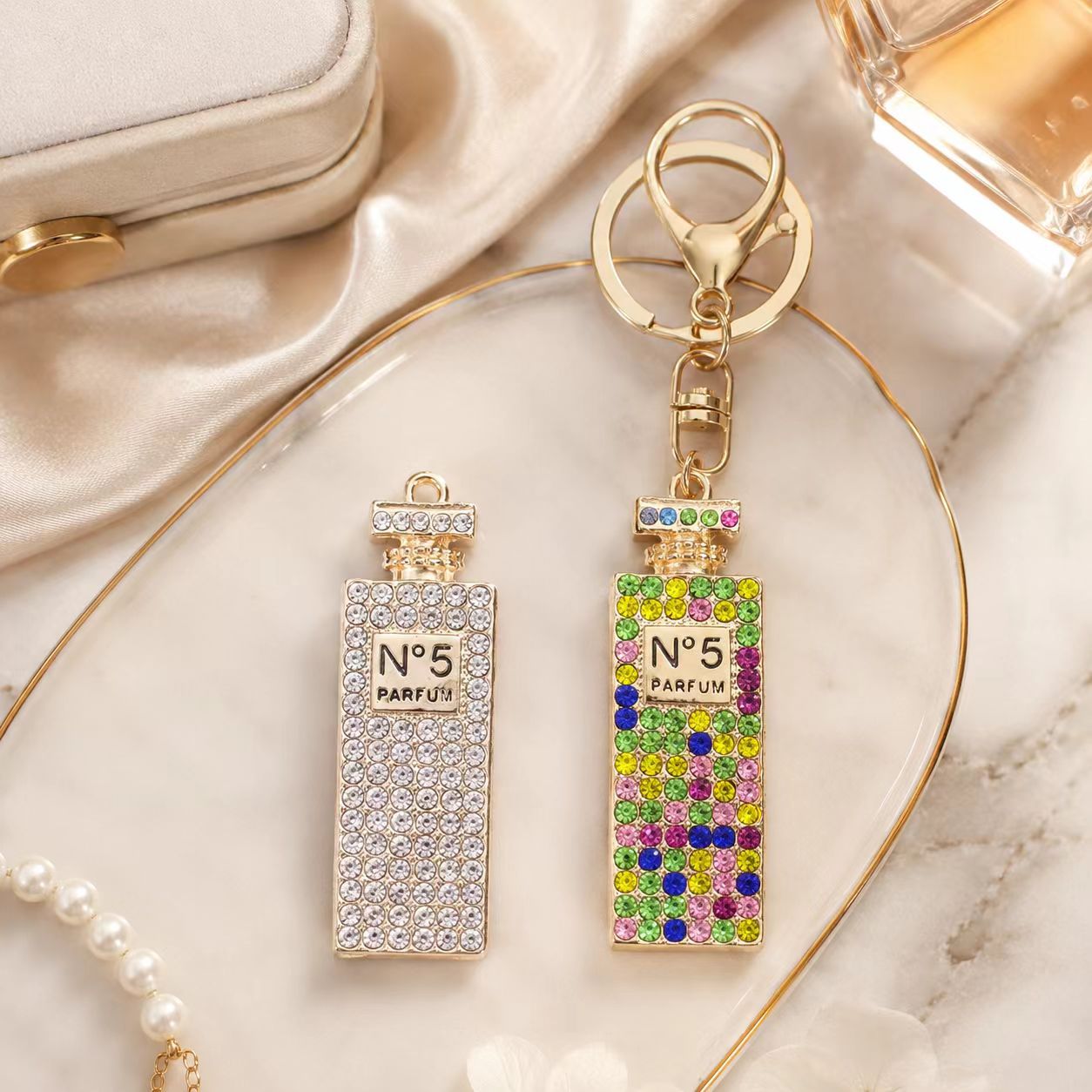Perfume Bottle Key Chain Featuring Rhinestones And Durable Alloy Material