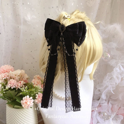 Gothic Heart Shape Hair Bows For Women Featuring Lace Material With Rhinestone Embellishments In Dyed Black Hairpin