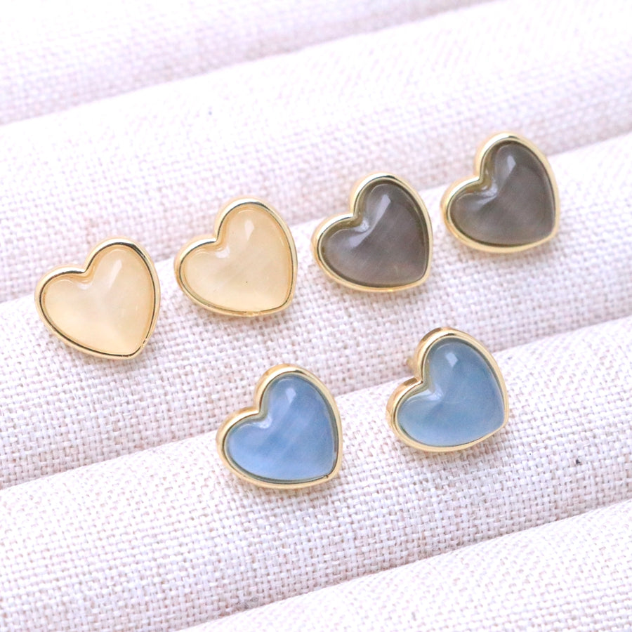Modern Style Heart Shape Stud Earrings For Women With Multicolor Cat's Eye Stone And Stone Texture