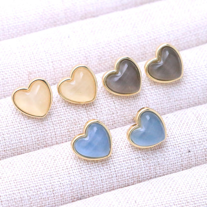 Modern Style Heart Shape Stud Earrings For Women With Multicolor Cat's Eye Stone And Stone Texture