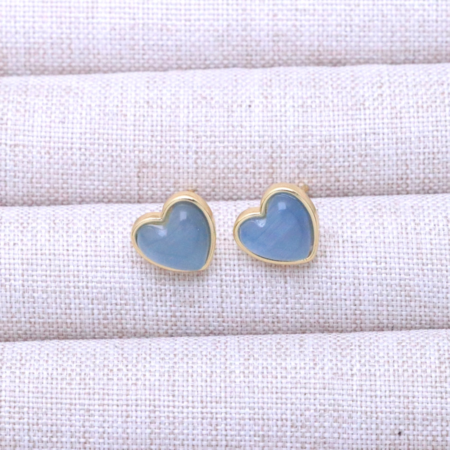 Modern Style Heart Shape Stud Earrings For Women With Multicolor Cat's Eye Stone And Stone Texture