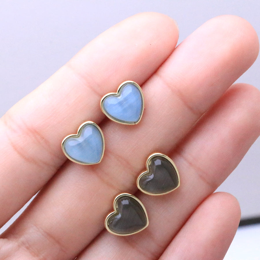 Modern Style Heart Shape Stud Earrings For Women With Multicolor Cat's Eye Stone And Stone Texture
