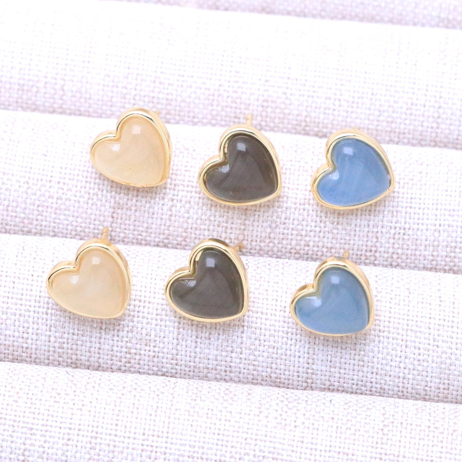 Modern Style Heart Shape Stud Earrings For Women With Multicolor Cat's Eye Stone And Stone Texture