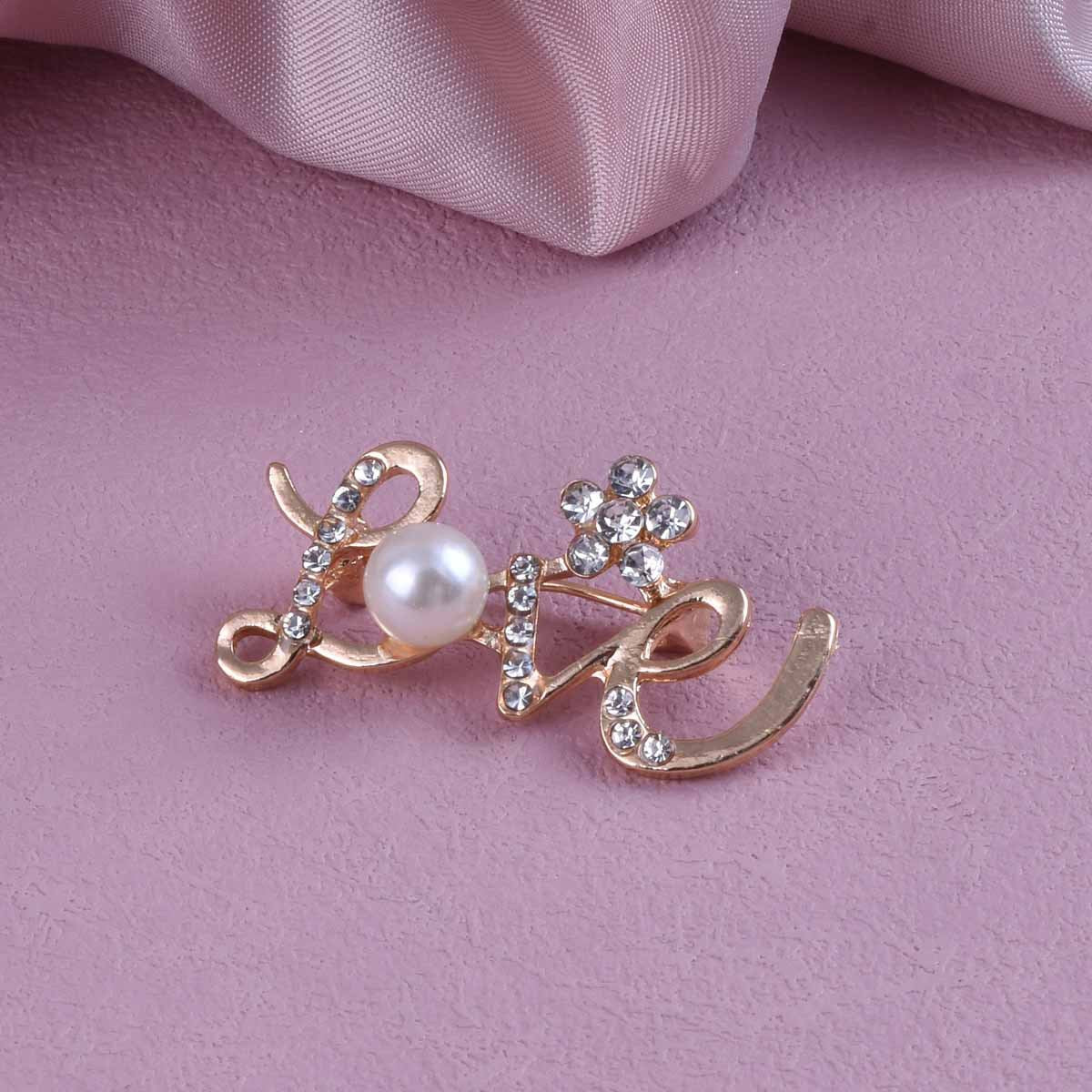 Love Pin Made Of Zinc Alloy With Rhinestones, Electroplated Finish In Gold