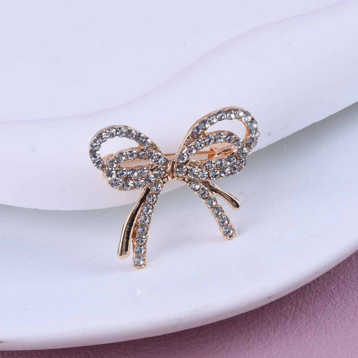 Gold Zinc Alloy Bow Tie Pin With Rhinestones Featuring Elegant Craftsmanship