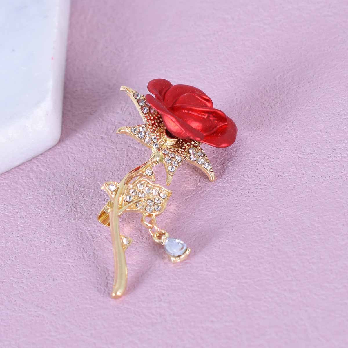 Rose Pin In Red Alloy With Rhinestones Featuring Electroplated Craftsmanship