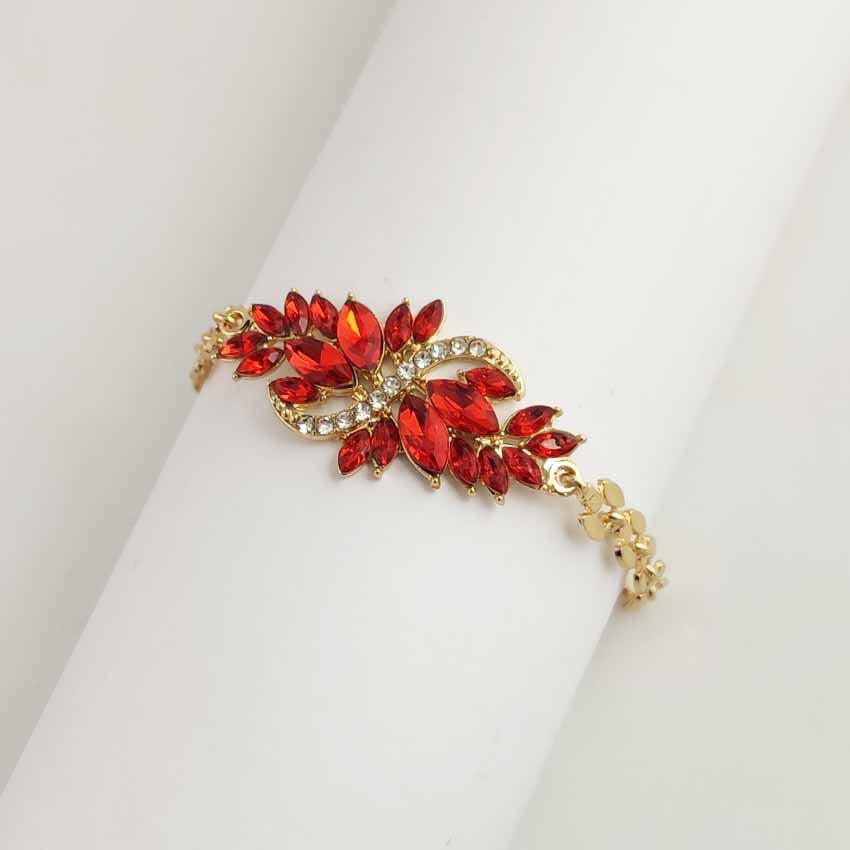 S Shape Red Zinc Alloy Bracelet With Rhinestones, Electroplated Finish And Resin Pendant For Women