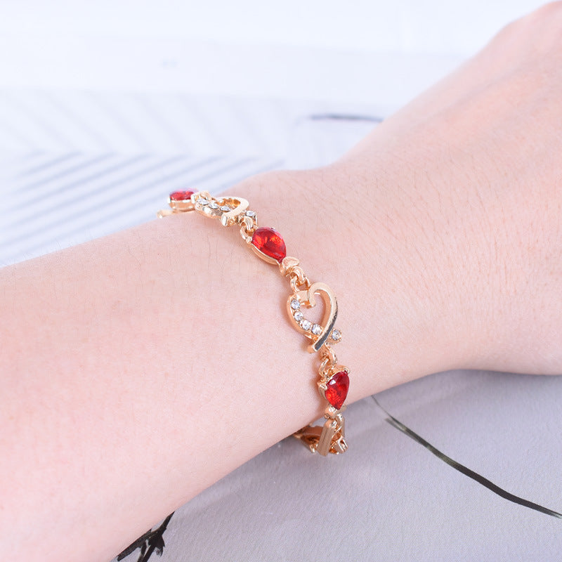 Vintage Style Three-dimensional Heart Shape Bracelet In Red Alloy With Crystal Inlay, Unisex Design