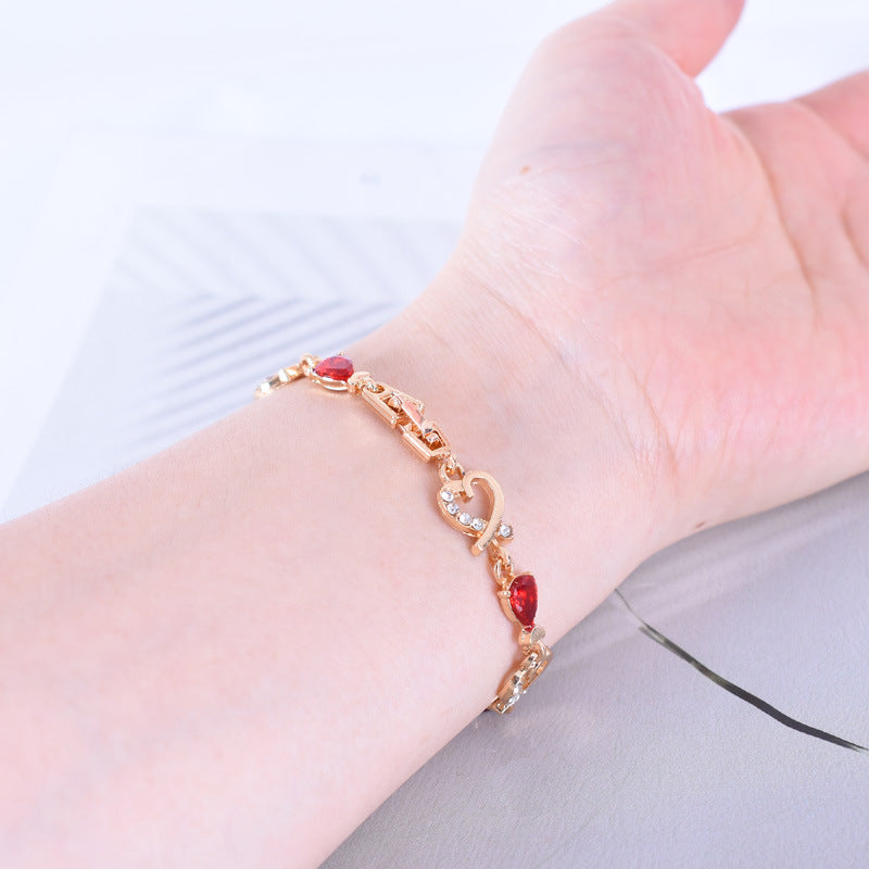 Vintage Style Three-dimensional Heart Shape Bracelet In Red Alloy With Crystal Inlay, Unisex Design