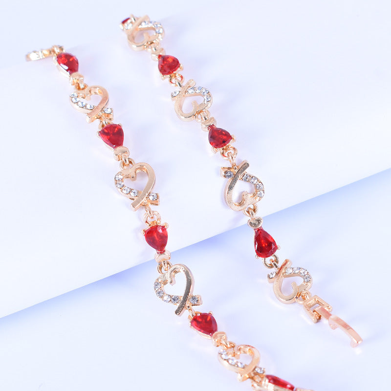 Vintage Style Three-dimensional Heart Shape Bracelet In Red Alloy With Crystal Inlay, Unisex Design
