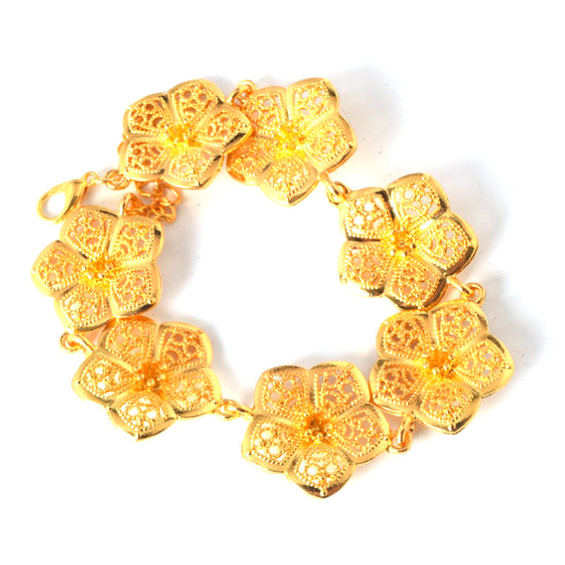 Exaggerated Flowers Gold Alloy Bracelet For Women With Electroplated Finish, Stylish Bangle Accessory