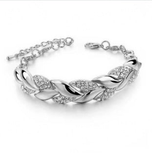 Gold Leaves Bracelet For Women Featuring Electroplated Zinc Alloy With Rhinestone Inlay