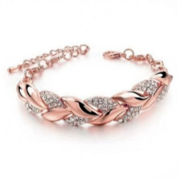 Gold Leaves Bracelet For Women Featuring Electroplated Zinc Alloy With Rhinestone Inlay